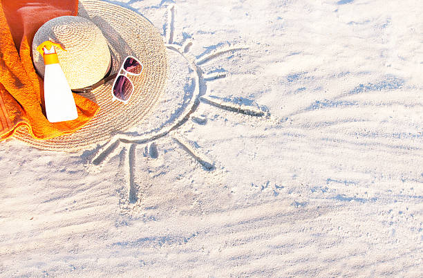istock Sand texture with hat, towel, sunscreen, sunglasses on the beach. 527075155