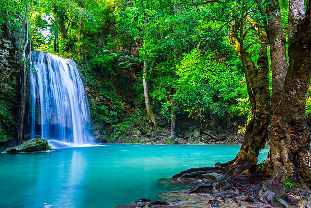istock waterfall in the tropical forest at Erawan National Park 527075627