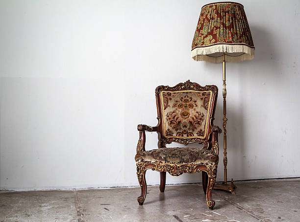 Classic Chair Golden Classic Chair And Lamp gold desk lamp stock pictures, royalty-free photos & images