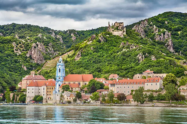 Beautiful landscape with the town of Dürnstein and Danube river in the Wachau valley, Lower Austria.