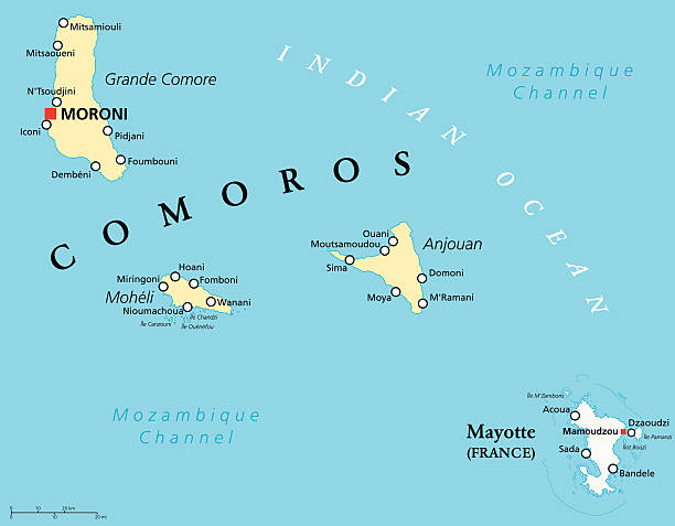 Comoros and Mayotte Political Map Political Map of Comoros with capital Moroni, important cities and the islands Grande Comore, Moheli and Anjouan. With the archipelago Mayotte, an oversea department of France. English labeling and scaling. mozambique channel stock illustrations