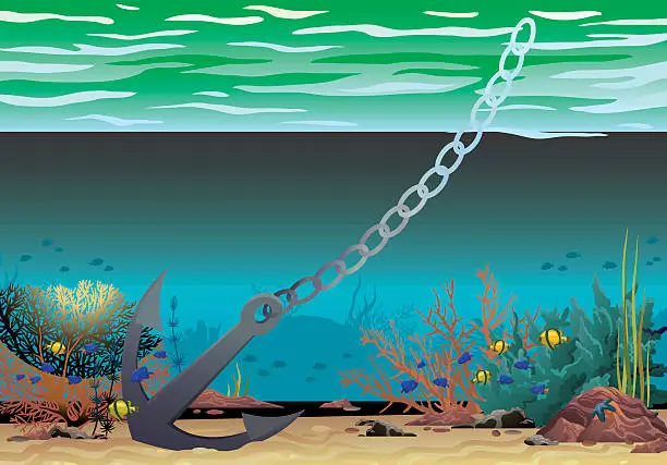 Vector illustration of Anchor and coral reef. Underwater vector.