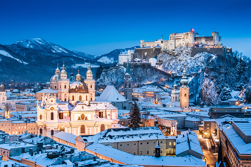 Beautiful view of the historic city of Salzburg with Festung Hohensalzburg in winter, Salzburger Land, Austria.