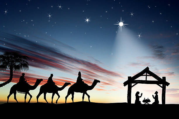 伝統的なキリスト教クリスマスキリスト降誕のシーンに、3 つの wi - three wise men ストックフォトと画��像