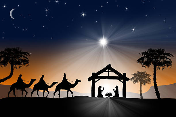 traditionelle christliche weihnachten weihnachtskrippe mit den drei wi - karawane stock-fotos und bilder