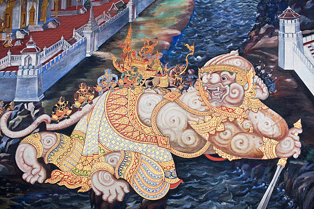 antiga fresco no templo wat phra kaew em bangcoc, tailândia - temple wat phra kaeo mural wall - fotografias e filmes do acervo