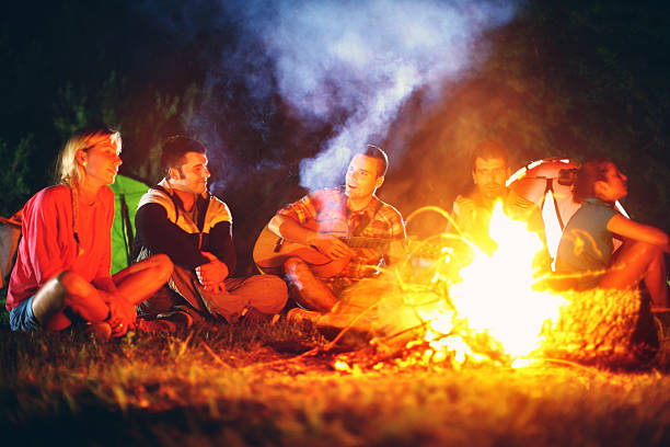 istock Group of friends hanging out by campfire. 527113653