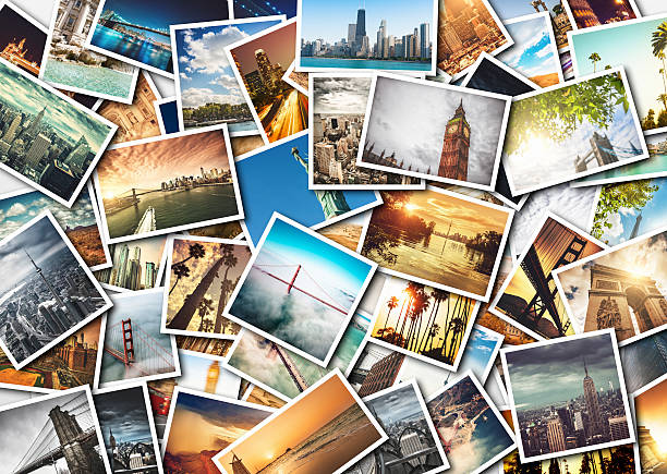 collage of printed travel images - stad fotos stockfoto's en -beelden