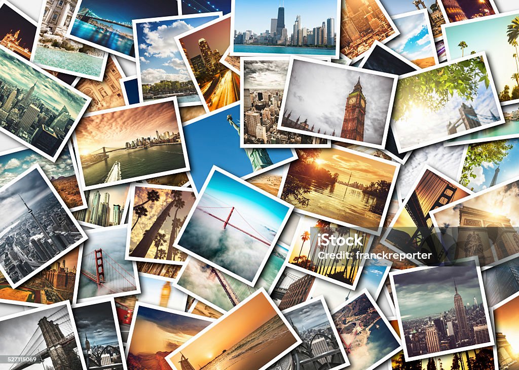 collage of printed travel images Photograph Stock Photo