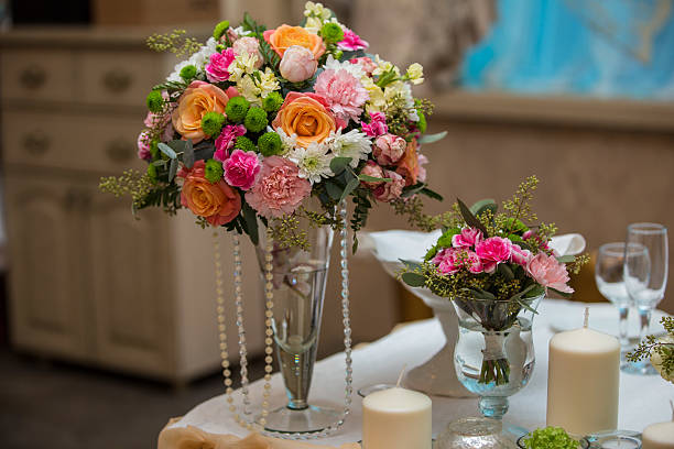 istock Bride and Groom Place Cards with Bouquet at Wedding Reception 527116863
