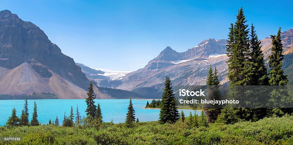 Banff National Park, Alberta, Canada Beautiful landscape with azure blue mountain lake and famous Rocky Mountains in the background in Banff National Park, Alberta, Canada. Hiking Stock Photo