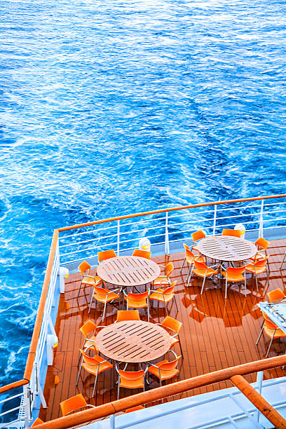 istock Round tables with chairs on deck of liner 527117631