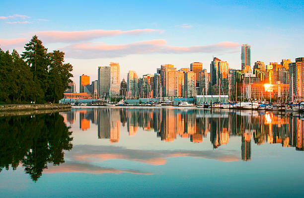 vancouver horizonte urbano com stanley park ao pôr do sol, bc, canadá - vancouver skyline city urban scene imagens e fotografias de stock