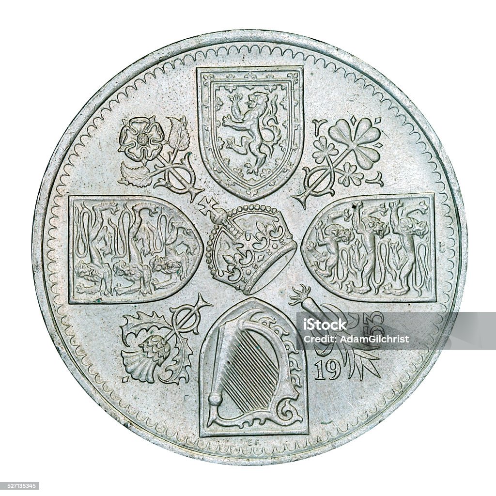 British Five Shilling Piece Macro photo of an old English five Shilling Piece (25p) from 1953. Shows Scottish, English, Welsh and Irish symbols. (with clipping path) 1953 Stock Photo