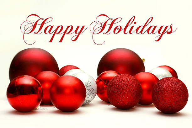 istock Christmas Decorative Bulbs Scattered with Words Happy Holidays 527135575