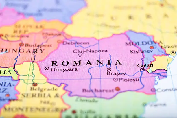 Close-up of colored map of Europe zoomed in on Romania