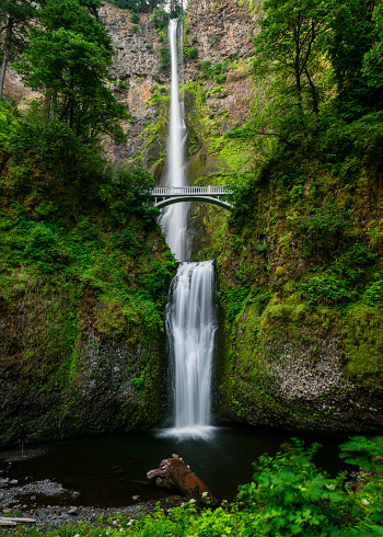Magnificent view of Multnomah Falls in Columbia River Gorge, Oregon, USA on a fine summer morning