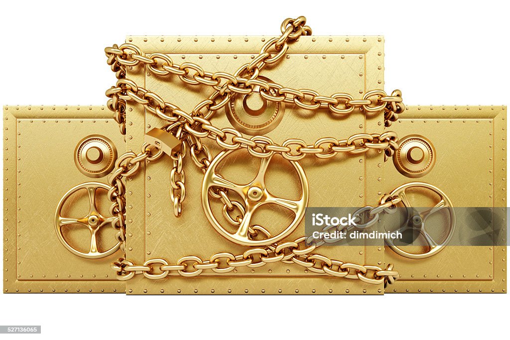 safe golden safe in chains. isolated on white. Bank - Financial Building Stock Photo