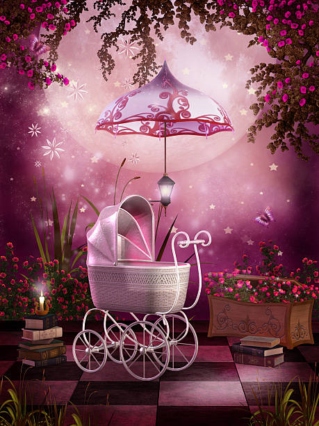 Rose garden with a pink baby's pram and a fantasy umbrella