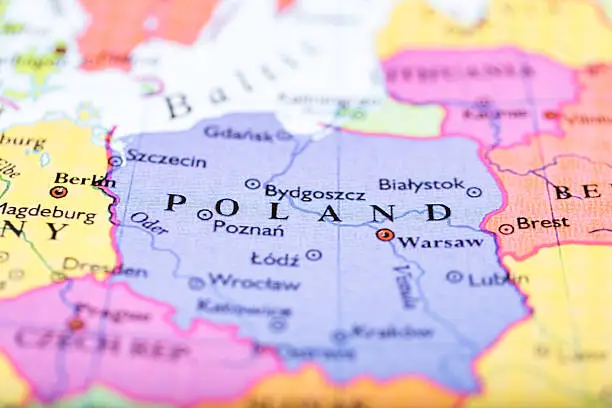 Close-up of colored map of Europe zoomed in on Poland