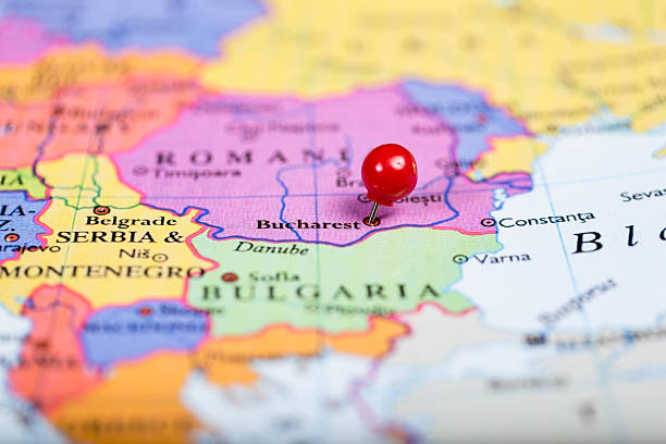 istock Red push pin on map of Romania 527138349