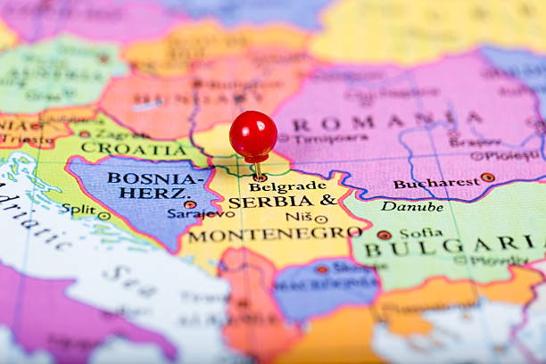 istock Red push pin on map of Serbia 527138359