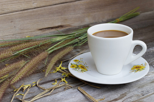 countryside,Cup of art coffee on wood