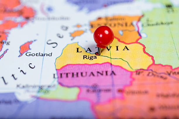 istock Red push pin on map of Latvia 527138659