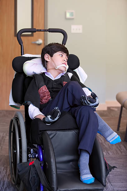 istock Disabled boy smiling and relaxing in wheelchair 527139199