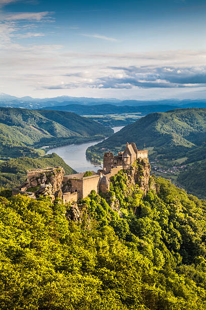 wachau 渓谷の城遺跡夕暮れ時には、オーストリア - danube river danube valley austria valley ストックフォトと画像