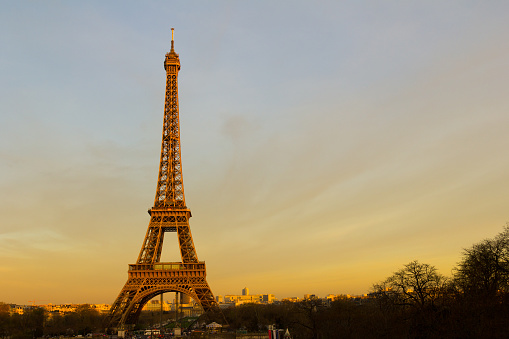 The Eiffel Tower at sunset with copy space