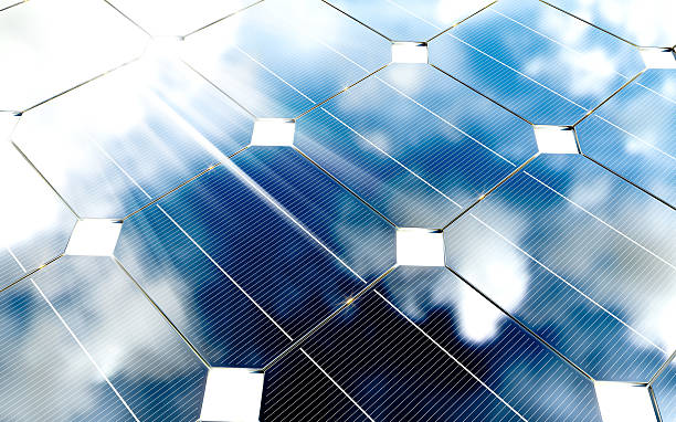istock Blue photovoltaic panels with cloudy sky reflection. 3d renderin 527211212