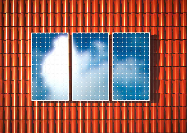 laranja telhado com fotovoltaica. renderização 3d. - blue cloudscape contemporary electricity imagens e fotografias de stock