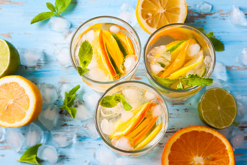 refreshing cold citrus water with mint.top view