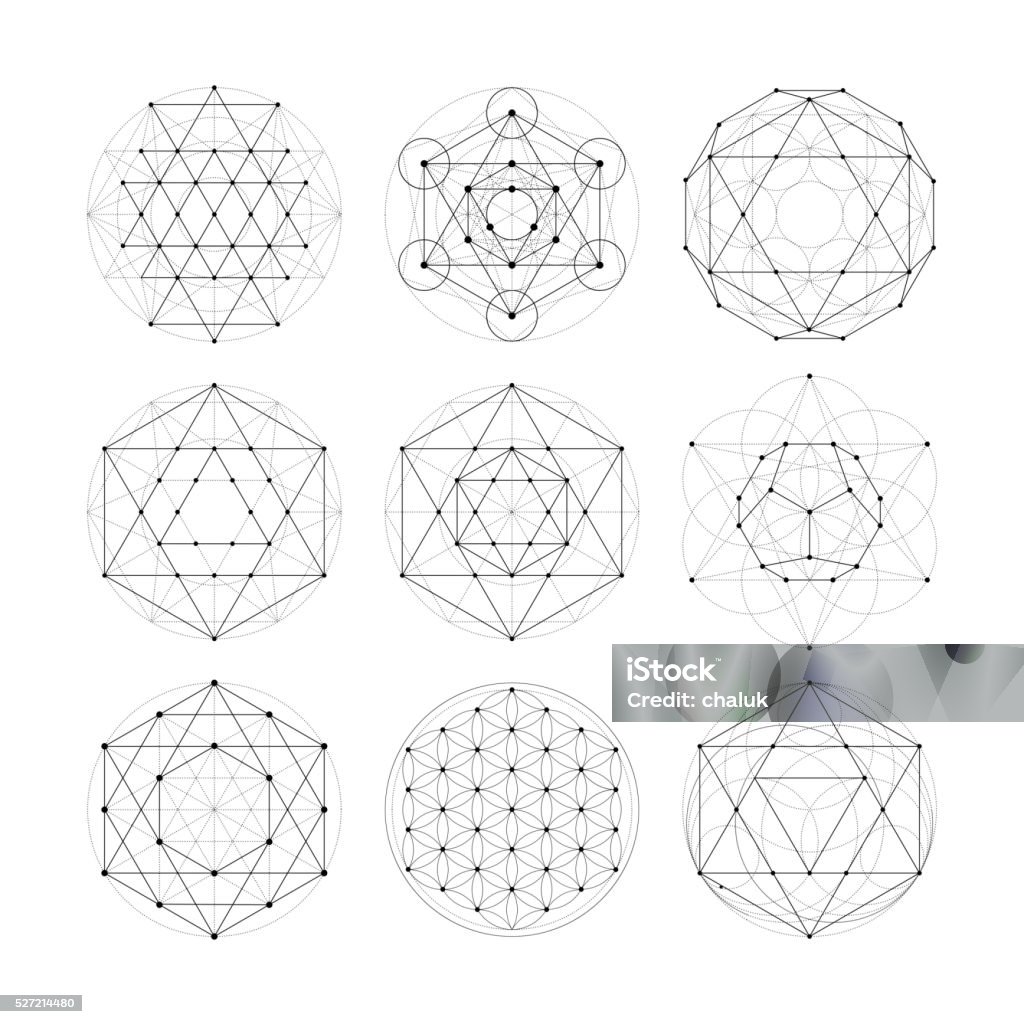 Sacred geometry. Numerology astrology signs and symbols Numerology astrology signs and symbols. Hipster esoteric sacred geometry abstract vector pattern illustration. Sacral flower of life symbol. Metatrons Cube. Sacred Geometry stock vector