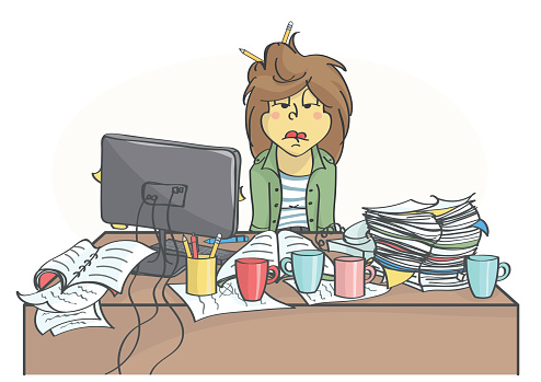 Exhausted, overworked business woman or a clerk sitting at messy office table, all in stress.