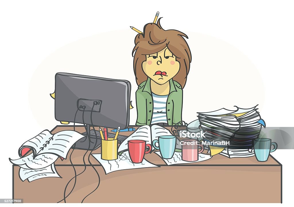 Exhausted business woman or a clerk sitting at office table Exhausted, overworked business woman or a clerk sitting at messy office table, all in stress. Humor stock vector