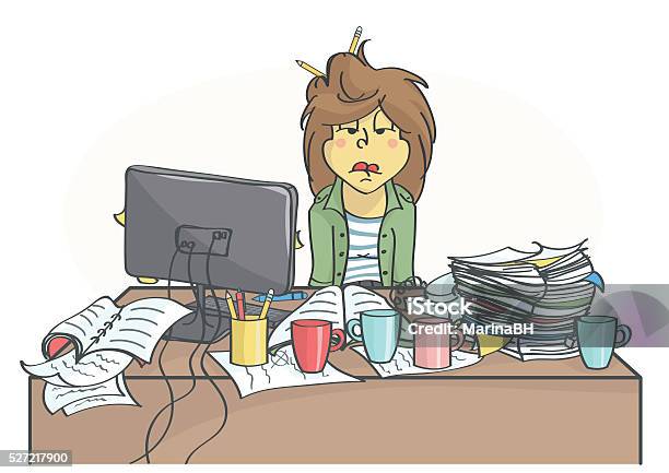 Exhausted Business Woman Or A Clerk Sitting At Office Table Stock Illustration - Download Image Now