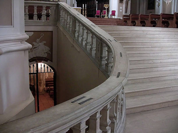 Chieti, Abruzzo, Italy - August 23, 2015: interior of the San Giustino Cathedral, grand staircase of the main aisle and the entrance of the Crypt