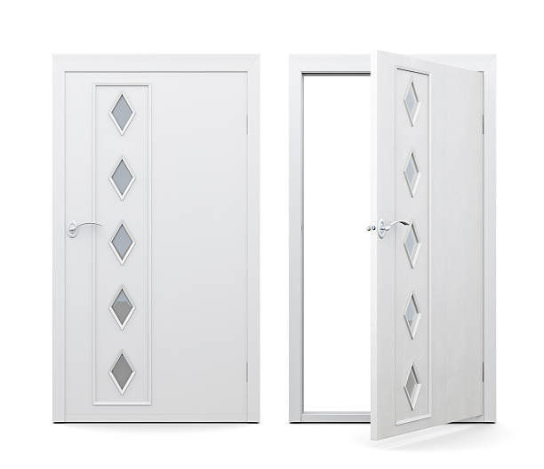 istock Open and closed door isolated on white background. 3d rendering 527232158