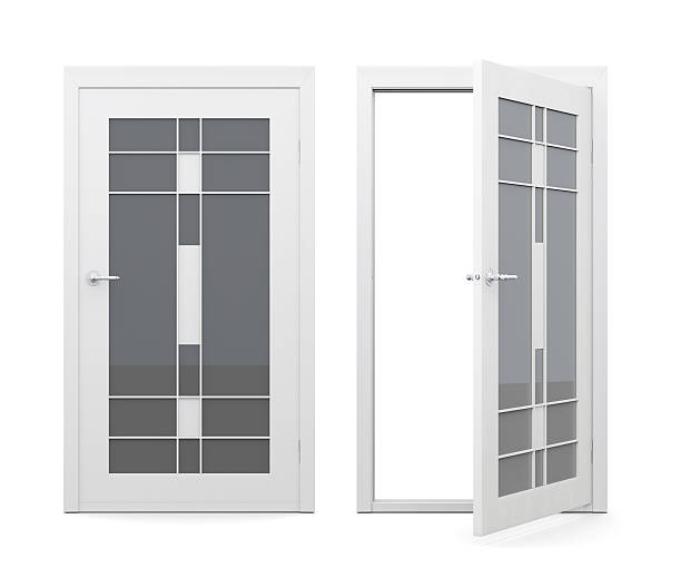 istock Open and closed glass doors isolated on white background. 527232590