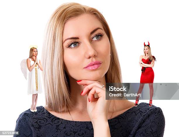 Beautiful Young Woman With Small Angel And Demon Stock Photo - Download Image Now - Devil, Angel, Shoulder