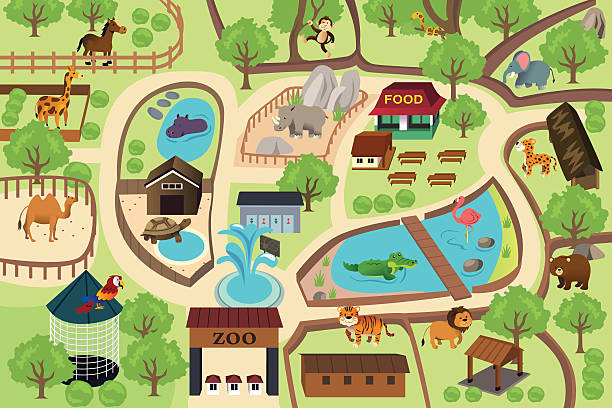 ilustraciones, imágenes clip art, dibujos animados e iconos de stock de mapa de un parque zoológico - zoológico