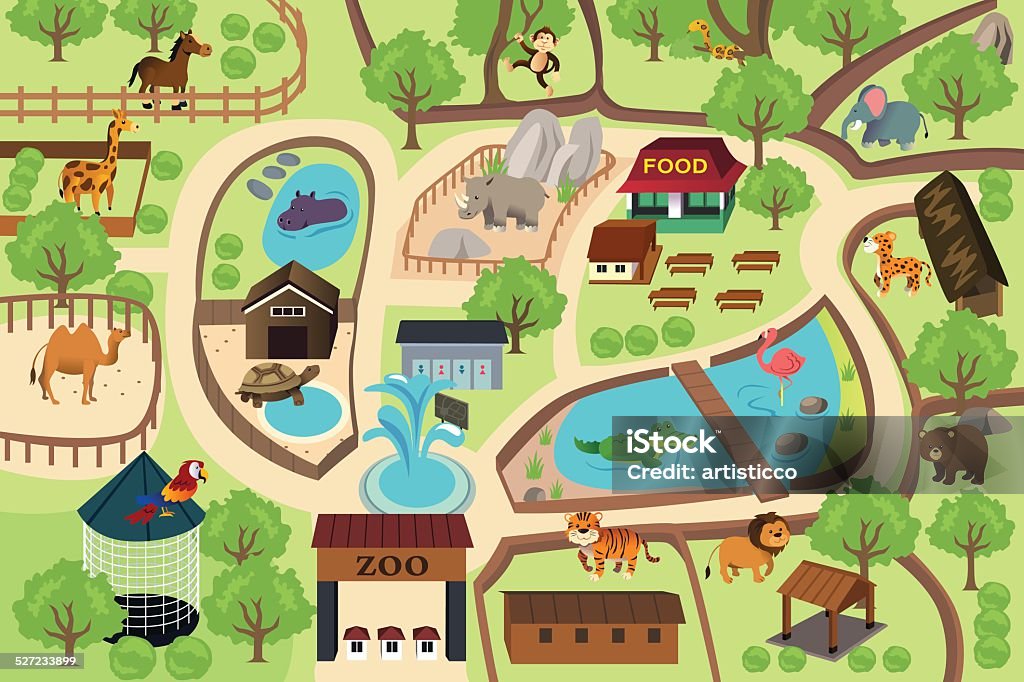 Mappa di un parco zoo - arte vettoriale royalty-free di Zoo - Struttura con animali in cattività