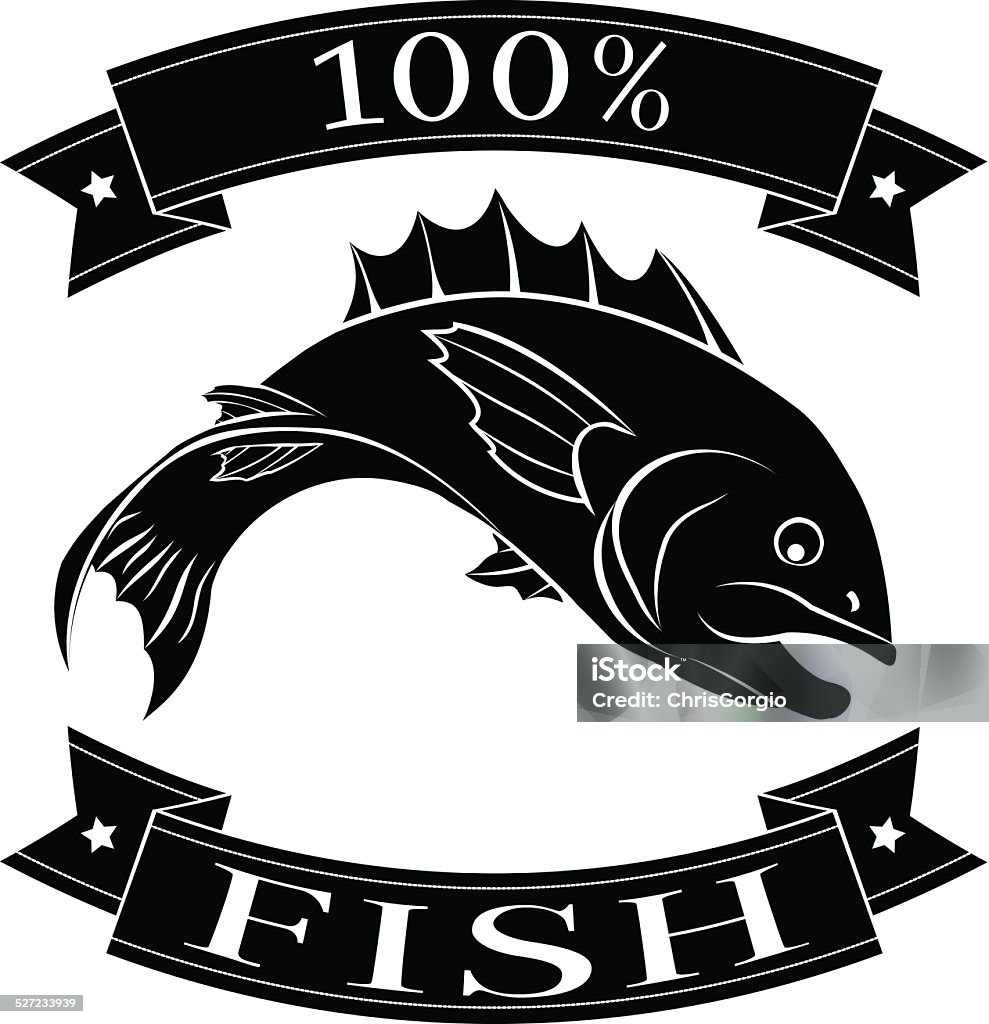 Fish 100 percent food label Fish 100 percent label with fish and reading 100 percent fish Animal stock vector