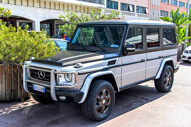 La Condamine, Monaco - August 2, 2014: Motor car Mercedes-Benz W463 G-class is parked in the city street.