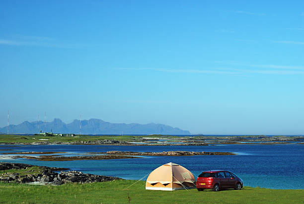 Small solar panel on tent in camping