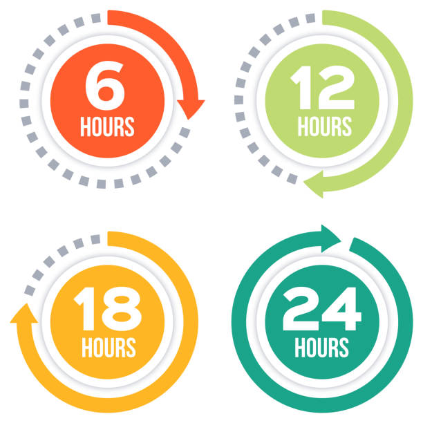 Time Elapsed Arrow Concepts Time elapsed arrow symbols showing 6 hours, 12 hours, 18 hours and 24 hours. EPS 10 file. Transparency effects used on highlight elements. 24 hrs stock illustrations