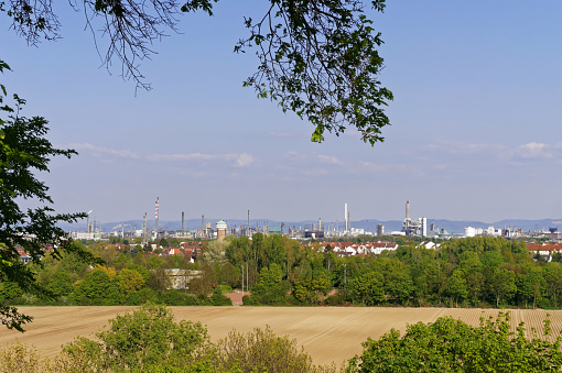 Chemical production plants in Ludwigshafen as seen from Frankenthal in Germany.