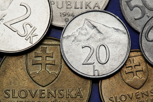 Coins of Slovakia. Krivan Peak in the High Tatras depicted on the Slovak 20 hailers coin.